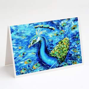Whimsical Peacock Straight up en azul A7 Tamaño 5x7 Tarjetas de notas en blanco Paquete de 8 con sobres para saludos - Product Image 1