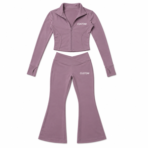 Conjunto de yoga para mujer: leggings acampanados de tiro alto, chaqueta corta con cremallera frontal, ropa deportiva ajustada para entrenamiento, ropa deportiva OEM para mujer - Product Image 3