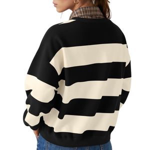 Custom Wide Striped <b>Black</b> White Baggy Crewneck Drop Shoulder Dense Cotton Fleece Retro Streetwear Cozy Winter <b>Sweatshirts</b> - Product Image 3