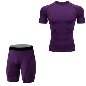 <b>Men's</b> Green <b>Compression</b> Shirt <b>Shorts</b> Set V-neck <b>Short</b> Sleeve Fitted Moisture Wicking Breathable Four-Way Stretch Eco-Friendly - Product Image 4