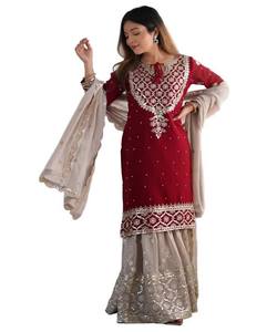 NOUVEAUTÉ : Ensemble Salwar Kameez en Georgette Rouge avec Broderie et Sequins, et Dupatta – Tenue de Plage – Vêtement Ethnique pour Femme – Prix de Gros - Product Image 1