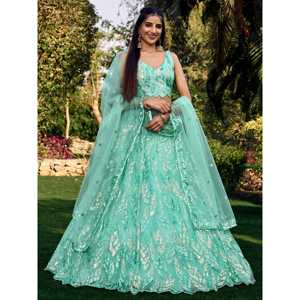 Merveilleux Turquoise Paillettes Net Réception Porter Lehenga Choli - Product Image 2
