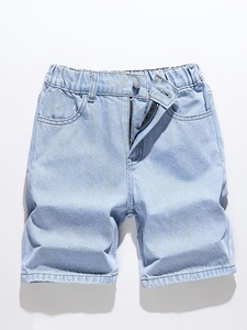 Shorts en jean délavé pour homme, coupe droite, taille mi-haute, décontracté, pour l'été, en coton respirant avec fermeture éclair - Product Image 1