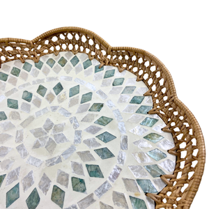 Plateau en MDF rustique vintage, durable, élégant, à bord festonné, incrustation de capiz vert, motif géométrique, fait à la main, durable, décoratif, pour servir - Product Image 4