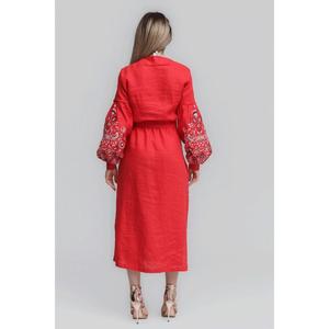 Vestido midi de algodón rojo bordado para mujer, vestido largo étnico bohemio con mangas largas y cinturón en la cintura - Product Image 4
