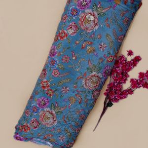 Superbe tissu en crêpe naturel bleu ardoise avec broderie florale et détails scintillants, idéal pour les mariages ethniques indiens ou les occasions spéciales - Product Image 3