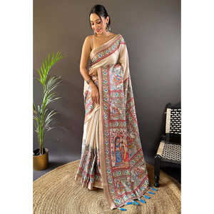 Sari de Seda para Mujer Elite Weaves con Estampado Madhubani y Borde Zari, 500g, Secado Rápido y Elástico, Estilo Étnico Indio y Pakistaní - Product Image 1