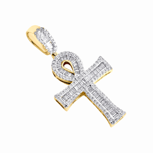 10K <b>Solid</b> Yellow <b>Gold</b> Channel Set Baguette Diamond Egyptian Ankh Cross <b>Pendant</b> 1.5" Charm 0.87 CT Hip Hop Men's Jewelry - Product Image 3
