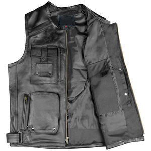 Gilet en cuir véritable pour hommes, style motard, fermeture éclair, couleur unie, col rond, poches avant, vêtements d'extérieur d'automne - Product Image 5