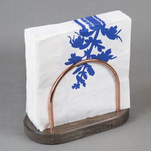 Porte-serviettes moderne en fil doré rose et base en bois foncé – Support à mouchoirs en fil métallique en forme d'arc - Product Image 2