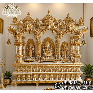 Super Large Size Swaminarayan White Golden <b>Mandir</b> for Home Premium Hand-Carved Teak Wood Puja Temple Custom Wooden Ghar <b>Mandir</b> - Product Image 1