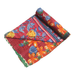 Bedspread Bedding Indian Cotton Patch Work Hand Block Kantha Quilt Throw Reversible Hand Stitched Heavy Throw Old Sari Washable - Product Image 1
