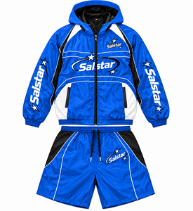 Custom <b>Men</b>’s Windbreaker Tracksuit Set Blue & <b>White</b> Sports <b>Jacket</b> with Shorts Lightweight Polyester Athletic Training Wear - Product Image 3