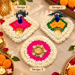 Porte-bougies design tendance en forme de paon Rangoli, faits main avec pompons et fleurs de jasmin, pour la maison, les mariages et Noël - Product Image 3