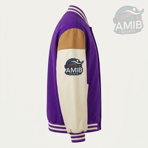Men's <b>Purple</b> <b>Varsity</b> <b>Jacket</b> Color Blocking Cotton Polyester Casual Autumn Turn-down Collar Regular Fit - Product Image 2