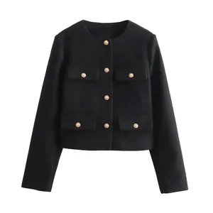 TRAF Manteaux à boutons courts à manches longues pour femmes automne/hiver-Vêtements d'extérieur courts et élégants B - Product Image 1