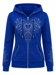 Sweat-shirt à capuche pour femme avec strass, manches longues, décontracté, avec cordon de serrage et poche avant - Product Image 1