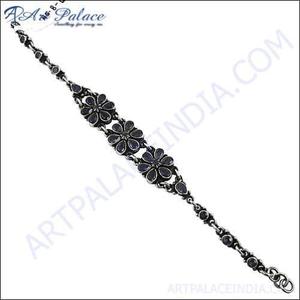 Pulsera de Plata de Ley 925 con Cuentas, Diseño Étnico de Flor con Gema de Amatista Plateada, Súper Cómoda para Uso Diario de Mujer - Product Image 3
