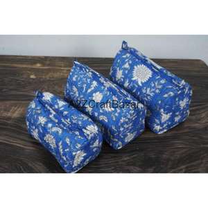 Pochette de maquillage légère en coton biologique matelassé, faite à la main en Inde, écologique, avec fermeture éclair, pour trousse de toilette, taille moyenne - Product Image 3