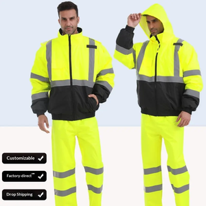 Men High Visibility Reflective Workwear <b>Jacket</b> And Pant Set With Hood And Stripes Safety Uniform For Construction <b>Workers</b> - Product Image 1