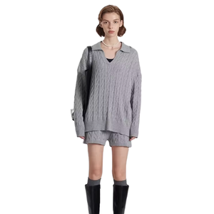 Women's Gray Knit Pullover With Turn-down Collar Full Sleeve Anti-Pilling 14 GG Acrylic Sweater Autumn Normcore Style - Product Image 1