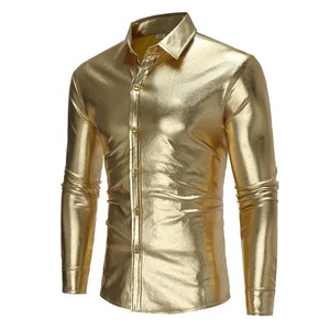 Chemise en cuir pour homme, style automne-hiver, costume de boîte de nuit, finition métallisée argentée, dorée, noire, manches longues - Product Image 5