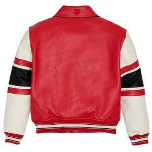 Avirex Men's Red PU <b>Leather</b> Varsity <b>Jacket</b> with Black and White Striped Sleeves Turn-down Collar Button Closure Casual Autumn - Product Image 2