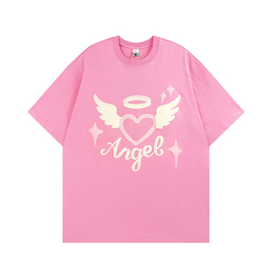 เสื้อยืดคอกลมแขนสั้นพิมพ์ลายหัวใจปีกนางฟ้าสีชมพูสไตล์สตรีทแบบปกติ - Product Image 1