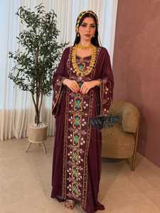 Elegant Maroon Embroidered Abaya Long Sleeve Floor Length Women's Wedding Dress Middle East Style Floral Pattern Polyester - Product Image 3