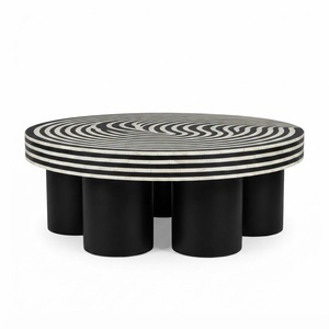 Mesa de centro redonda con incrustaciones de hueso, hecha a mano, en azul índigo, geométrica, con base de latón pulido para sala de estar moderna u hotel. - Product Image 2