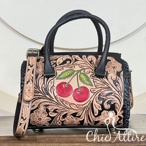2026 New Arrival Cherry Design Hand Tooled Leather Medium Duffel <b>Bag</b> Genuine Cowhide Leather Overnight Weekender <b>Shoulder</b> <b>Bags</b> - Product Image 1