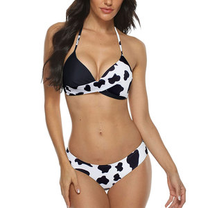 Women <b>Cow</b> Print <b>Bikini</b> Set Halter Bandeau Top Hipster Bottoms 2 Piece Swimwear Stretch Spandex Polyester Beachwear - Product Image 2