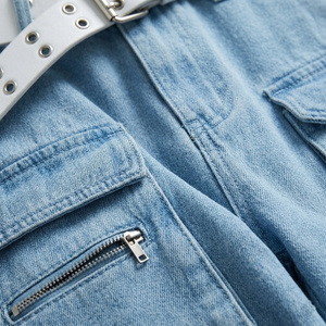 Pantalones Cargo de Mezclilla Ecológicos con Corte Boot Cut para Hombre, con Cinturón Blanco, Multibolsillos, Estilo Hip Hop, Holgados, con Botones - Product Image 5