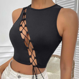 Women Knitted Solid Color Halter Neck Crop Tank <b>Top</b> Hip Hop Lace Button Ribbons Green - Product Image 6