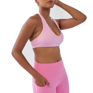 Wholesale Women's Pink Scoop Neck Seamless High Support Yoga Fitness Sports <b>Bra</b> Breathable Solid Color Front Logo High Quality - Product Image 2