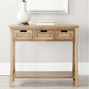 Console rustique en bois massif avec tiroirs à façades tressées et étagère inférieure pour entrée ou salon - Product Image 1