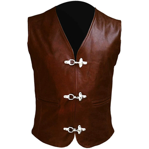 Gilet en cuir véritable pour homme, col en V, fermeture à triple boucle, style vintage, marron, respirant, écologique, vente en gros - Product Image 4