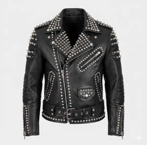 Blouson de moto en cuir noir pour homme, style punk, avec fermeture éclair cloutée, col rabattable et ceinture. - Product Image 1