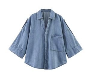 Chemise en jean oversize à manches chauve-souris, col rabattu, poches, couleur unie, décontractée, unisexe, ODM, pour l'automne/le printemps - Product Image 1