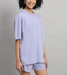 Ensemble d'été ample en jersey 100 % coton pour femme, grande taille, col rond, épaules tombantes, demi-manches, vente en gros - Product Image 4