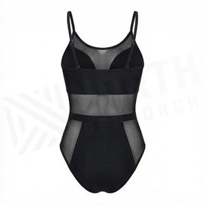 Women's Black One-Piece Swimsuit With Mesh Panel Hollow Out Design Plunge <b>Neck</b> Push Up <b>Bra</b> Style High Waist Bodysuit - Product Image 2