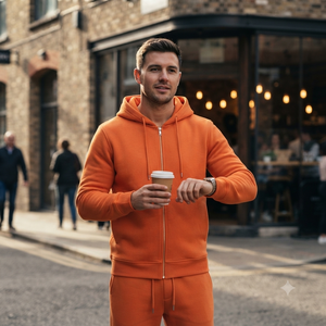 Conjunto deportivo naranja para hombre, sudadera con capucha y cremallera completa, pantalones deportivos de color sólido, ropa informal de otoño, sudadera con capucha y pantalones para hombre - Product Image 3