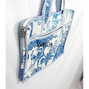 Handmade Blue Tropical Print Laptop Tote <b>Bag</b> Zipper Closure Large Capacity Casual Shoulder Travel <b>Bag</b> Textile Material - Product Image 5
