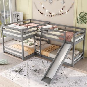 Letto a Castello a Forma di L Grigio per Letti Matrimoniali e Singoli per Bambini con Scivolo e Scala Corta - Product Image 1