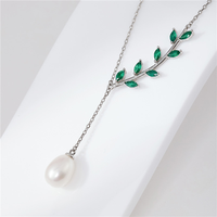 Collier en Y personnalisé avec feuille verte et perle, chaîne en argent, pendentif botanique en zircone marquise pour femme, bijoux élégants en gros