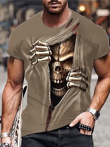 T-shirt à manches courtes col rond unisexe pour homme, tricoté, style décontracté chic, imprimé graphique tête de mort Halloween, sans avis pour le moment - Product Image 5