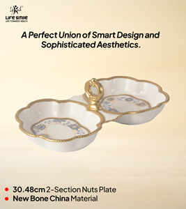 Luxury Bone China Double-Section Serving Dish with Elegant <b>Gold</b> Stand , Nuts platter with Golden <b>Rim</b> & Premium Floral Design - Product Image 2