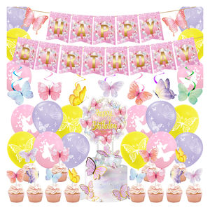 Decoraciones de cumpleaños moradas, decoración de <span class=keywords><strong>feliz</strong></span> cumpleaños con pancarta, globos, pompones para compromiso, juegos de decoración para fiesta de aniversario - Product Image 2
