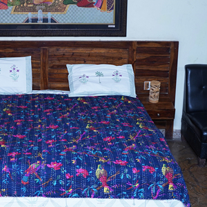 Blue Floral Bird Print Quilt Cotton <b>Bedspread</b> Stitched Coverlet for Home Bedroom Hotel Decor - Product Image 1