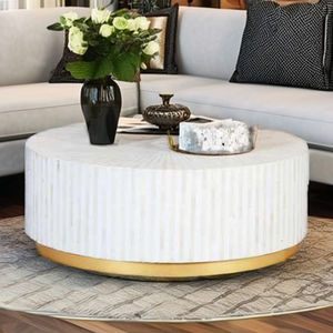 Mesa de centro blanca minimalista moderna hecha a mano, altura ajustable, patrón geométrico, estilo de incrustaciones de hueso, muebles para el hogar, tira artesanal - Product Image 1